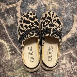 Hey Dude Black and Cream Animal Print Loafers